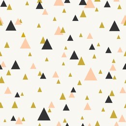 abstract seamless pattern with triangles in pastel pink, gold and dark gray.