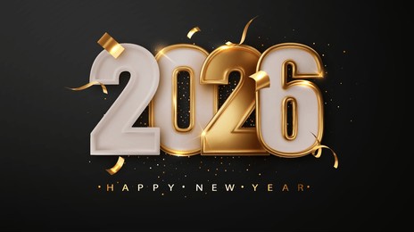 2026 happy new year greeting banner. christmas holiday dark banner with golden numbers date 2026 on dark festive background