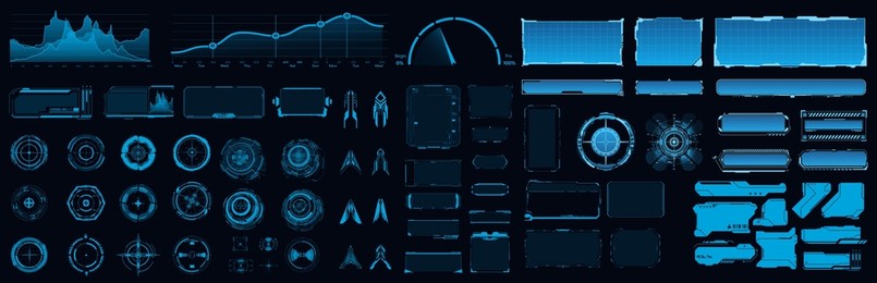 various blue-toned digital dashboard elements are displayed, including graphs, charts, and interface components designed for technology applications.