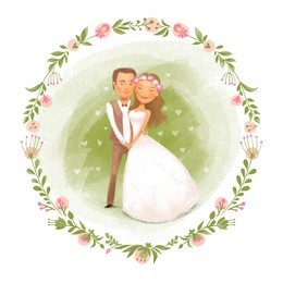 bride and groom inside a floral frame. vector wedding invitation card 