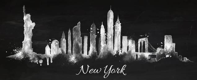 silhouette new york city painted with splashes of chalk drops streaks landmarks drawing with chalk on blackboard