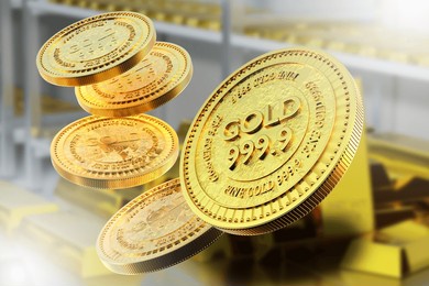 shiny gold investment coins marked 999.9 float above stacked gold bars in a secure vault, symbolizing financial growth and precious metal investment. 3d image