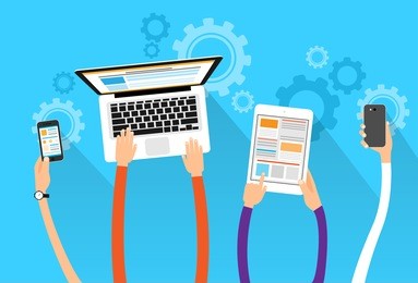 long hands hold device electronics gadget concept laptop phone tablet flat vector illustration