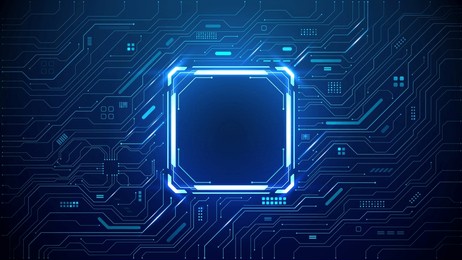 technology quantum blue portal on circuit motherboard with thin line glowing wires. tech background. ai chip concept. abstract light neon square frame hud. computer digital bg. vector illustration