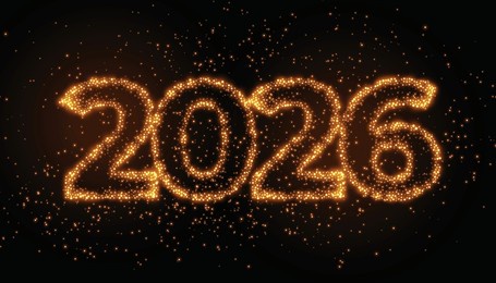 glowing golden 2026 year numbers sparkle on a dark background representing the new year celebration with festive lights and futuristic design elements