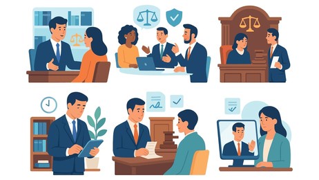 law firm illustration pack featuring legal professionals, lawyers, courtroom scenes, and justice system concepts for legal services and offices