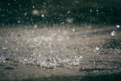 heavy rain drops on asphalt.