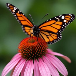 this image shows a vibrant monarch butterfly perched on the central cone of a pink coneflower (echinacea). the butterfly's wings are open, displaying their iconic orange and black pattern with white 