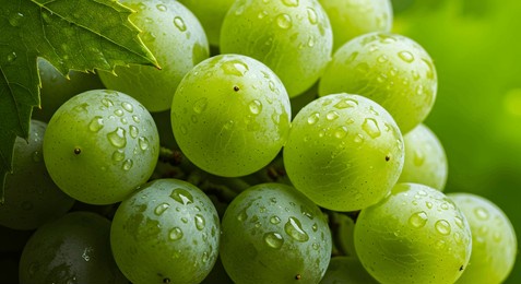 cluster of fresh green grapes with shiny skins and dewy leaves