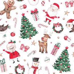 merry christmas seamless pattern with  traditional characters. hand drawn with watercolor. festive xmas design for wrapping paper, textile, fabric, giftware, packaging