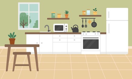 modern flat style kitchen interior with stove, microwave, refrigerator, and wooden furniture. bright, cozy, minimalist home design with houseplants.