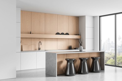 modern kitchen interior with light wood cabinetry and minimalist island with glossy stools, in bright apartment space with cityscape view. 3d rendering