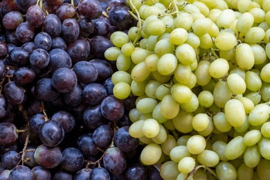 detail of bunches of white and black grapes (vitis vinifera) for sale at a street market