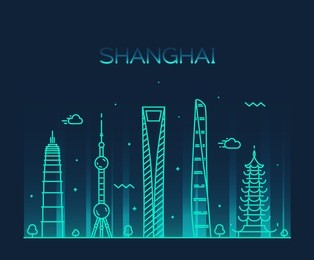 shanghai city skyline detailed silhouette. trendy vector illustration, line art style.