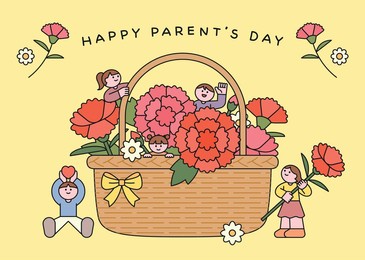 cute illustration of children with a basket of carnations for parent's day. perfect for spring, family love, and holiday celebration themes.