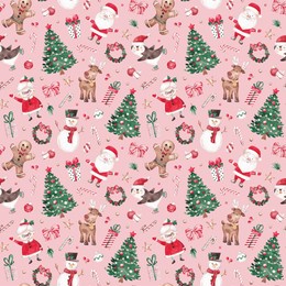 christmas seamless pattern. cute characters and christmas tree hand drawn with watercolor. festive design for wrapping paper, textile, fabric, giftware, packaging