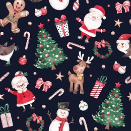 christmas seamless pattern. cute characters and christmas tree hand drawn with watercolor. traditional colors. xmas design for wrapping paper, textile, fabric, giftware, packaging