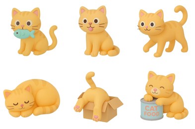 a delightful set of 3d illustrations featuring a cute orange tabby cat in various playful and expressive poses: eating fish, sitting, sleeping, playing in a box, and hugging a can of cat food. 