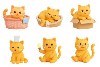 3d orange cat icon set – cute and playful poses in toy style