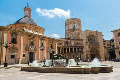 square of saint mary's and fountain rio turia  in valencia in a summer day, spain