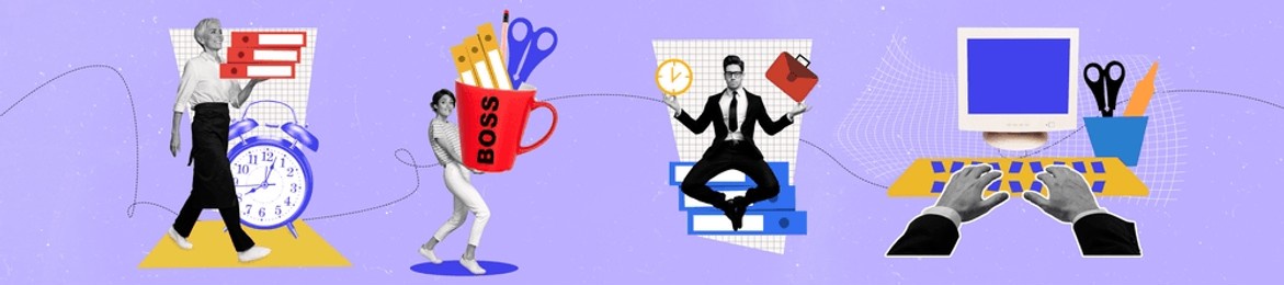 creative collage artwork depicting modern business tools and concepts in a colorful and abstract composition