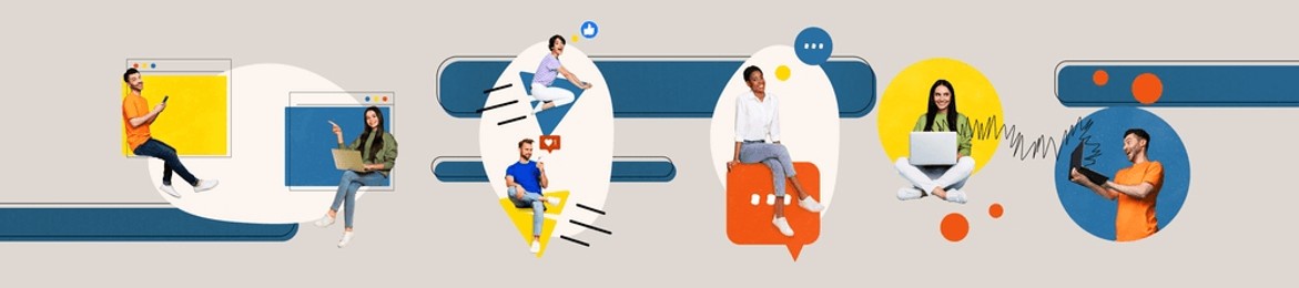 modern graphic collage depicting diverse individuals with technology, dynamic layouts, and vibrant colors, showcasing creativity, innovation, and artistic expression.