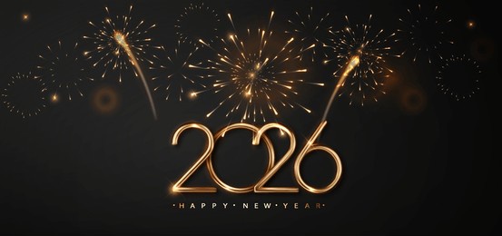 2026 golden number on dark christmas background with fireworks. celebration new year's eve. golden fireworks on dark night sky