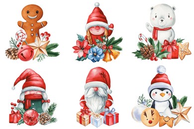 watercolor christmas clipart set with santa gnomes, polar bear, penguin, gingerbread man holiday elements. cute clipart