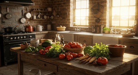 sun-drenched farmhouse kitchen filled with fresh vegetables, warm brick walls, and rustic charm, inviting a hearty, healthy meal preparation.