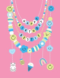 colorful beaded birthday necklace with smiley faces and cute charms on pink background