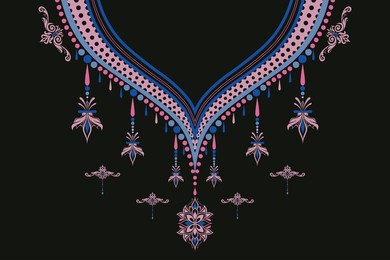 traditional thai collar design featuring orchid pink and royal sapphire on a jet black background. suitable for ethnic fashion, luxury textiles, jewelry prints, and festival costumes.