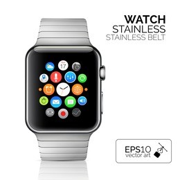 stainless silver smart watch isolated on white. vector detailed smart watch reflected on white surface. watch icon on smart iwatch screen. stainless smart watch face eps.