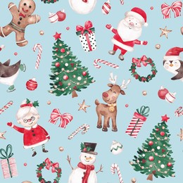 merry christmas seamless pattern with  traditional characters. hand drawn with watercolor. festive xmas design for wrapping paper, textile, fabric, giftware, packaging