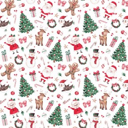 christmas seamless pattern. cute characters and christmas tree hand drawn with watercolor. traditional colors. xmas design for wrapping paper, textile, fabric, giftware, packaging