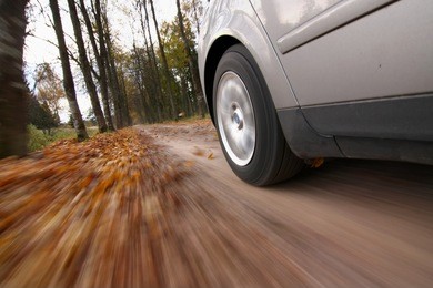 car driving on country road. autumn scene, low angle, motion blur.