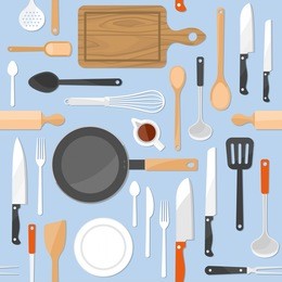 kitchen tools seamless pattern with kitchenware equipment on light blue pastel background