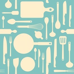 vintage kitchen and cooking tools seamless pattern with kitchenware equipment on light blue background