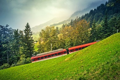 railway on rigi mountain in alps, switzerland