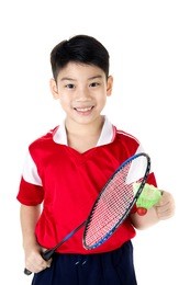 happy asian boy in badminton action isolate on white background 