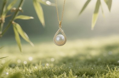 a necklace with a single pearl pendant is suspended in front of the camera lens, with a soft-focus lawn bathed in morning light in the background.