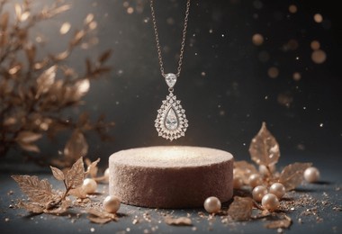 a sparkling diamond pendant hangs gracefully from a velvet-covered stand, surrounded by scattered pearls and delicate metal leaf sculptures.