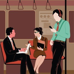 passengers use their mobile phones in a subway train