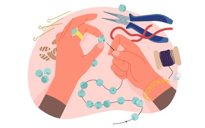 jewelry workshop, handmade necklace or bracelet gift at jewellery making class, creative craftsmanship. hands of woman designer put blue beads on string to make bijouterie cartoon vector illustration