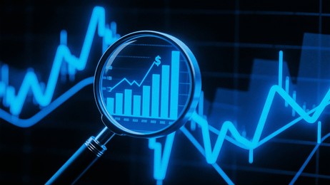 a magnifying glass over a financial chart, illustrating market analysis and business concepts, in blue light against a dark background.