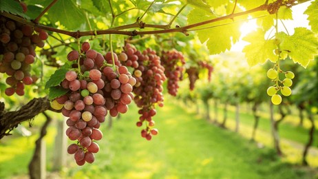 fresh red grapes on tree in garden in natural sunny day background, grapes hanging from a trees branch in natural view