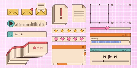 retro browser window interface kit. ui components of music player, loading bar, dialog boxes, star and heart ratings, error messages and search bar. nostalgic 90s vibe web design elements.