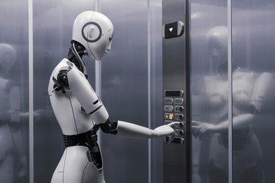 humanoid robot standing inside the elevator and pressing a button, ai and robotics concept