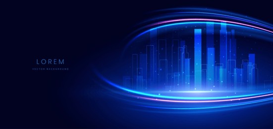 futuristic glowing night cityscape on dark blue background with lighting effect and sparkle. city landscape. vector illustration