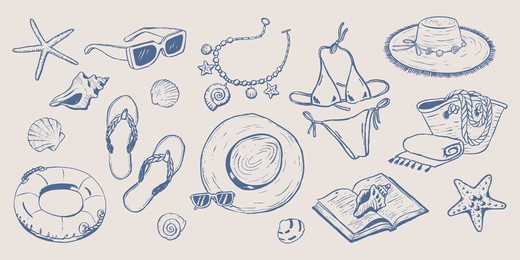 beach boho accessories. coastal elements. vacation drawings. hand drawn illustration of straw hat, flip flops, sunglasses, shell necklace, swimsuit. graphic background.