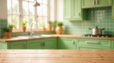 empty wooden table with the bright white interior of the kitchen as a blurred background behind the bokeh golden sunshine
